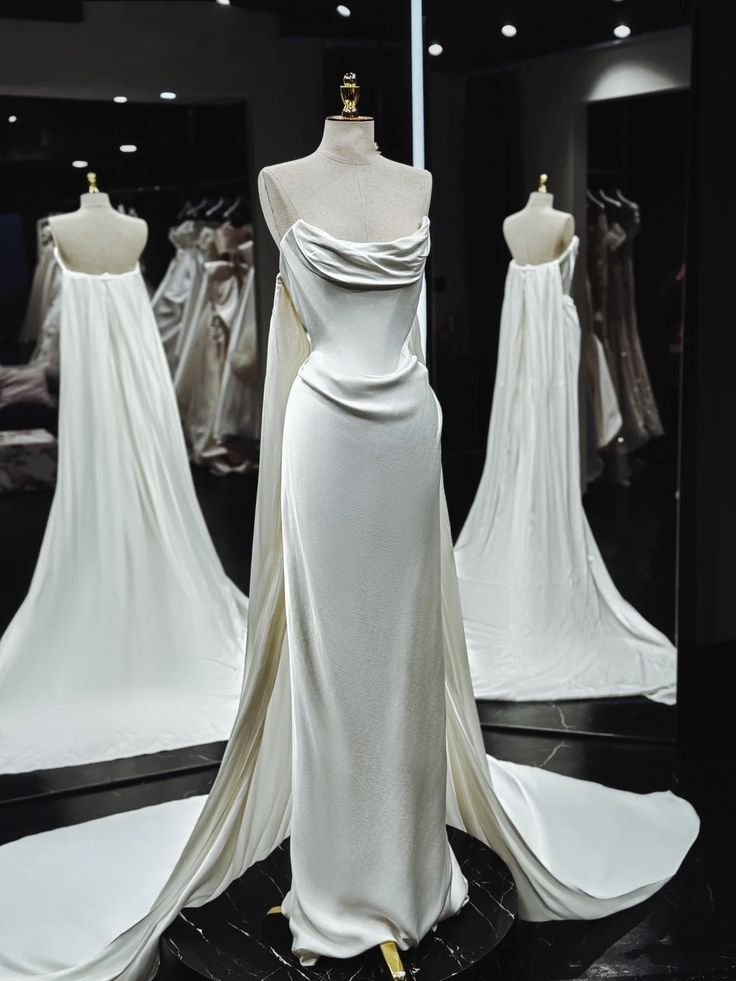 Classy Strapless White Satin Long Wedding Dress With Ruffles,Long Prom Evening Dress