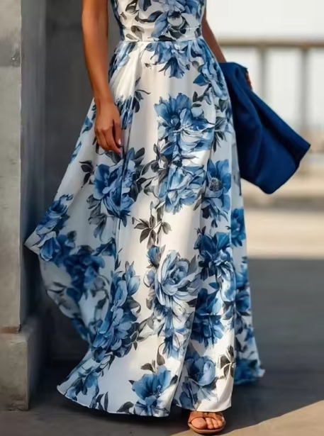 Vintage Satin Print Floral Sleeveless Party Evening Dress,Blue A Line Prom Dress