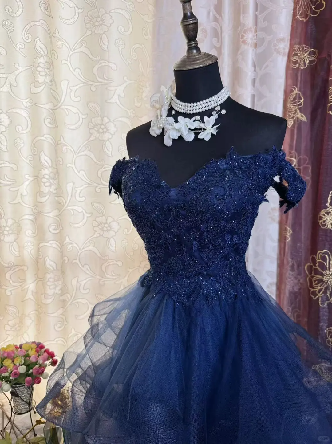 Vintage Navy Blue Tulle Appliques A Line Short Homecoming Dress Off The Shoulder 19th Birthday Outfits