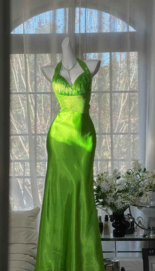 Unique Green Halter Satin Beaded Mermaid Party Dress Backless Long Evening Dress Wedding Guest Dress