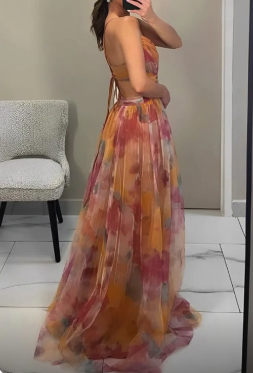 Beautiful Straps Tulle Print Long Prom Dress Formal A Line Evening Dress