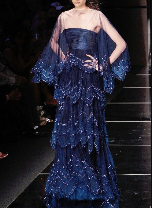 Shiny Navy Blue Tulle Sequin Beaded Layered Long Evening Dress Birthday Prom Dresses