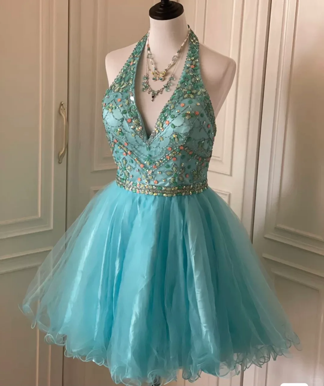 Vintage Blue Tulle Beaded Sleeveless A Line Birthday Dress Homecoming Dress