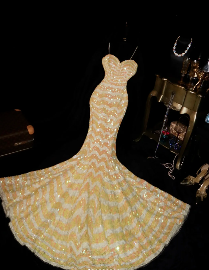 Unique Spaghetti Straps Yellow Sequin Mermaid Long Party Dress Evening Dress