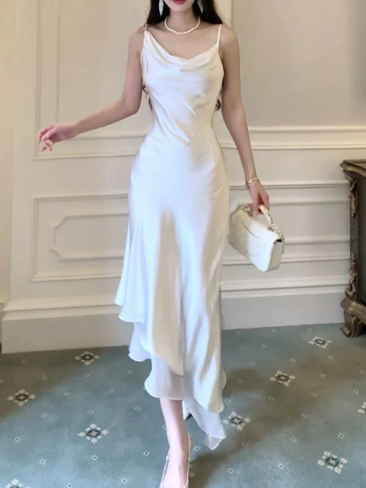 White Satin Ruffle Prom Dress Fairy A Line Wedding Dress