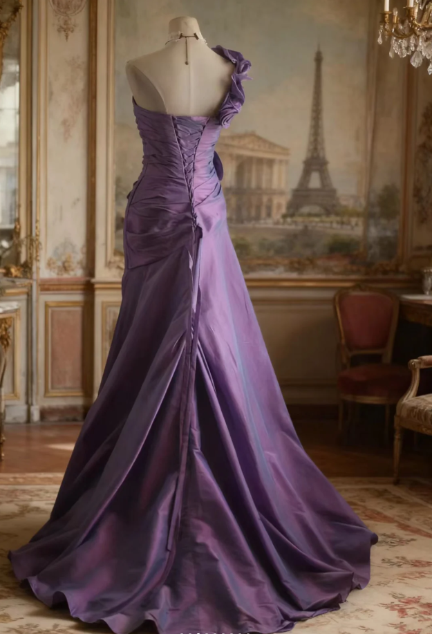 Elegant Purple One Shoulder Satin Floral Mermaid Long Party Dress Formal Wedding Guest Dress