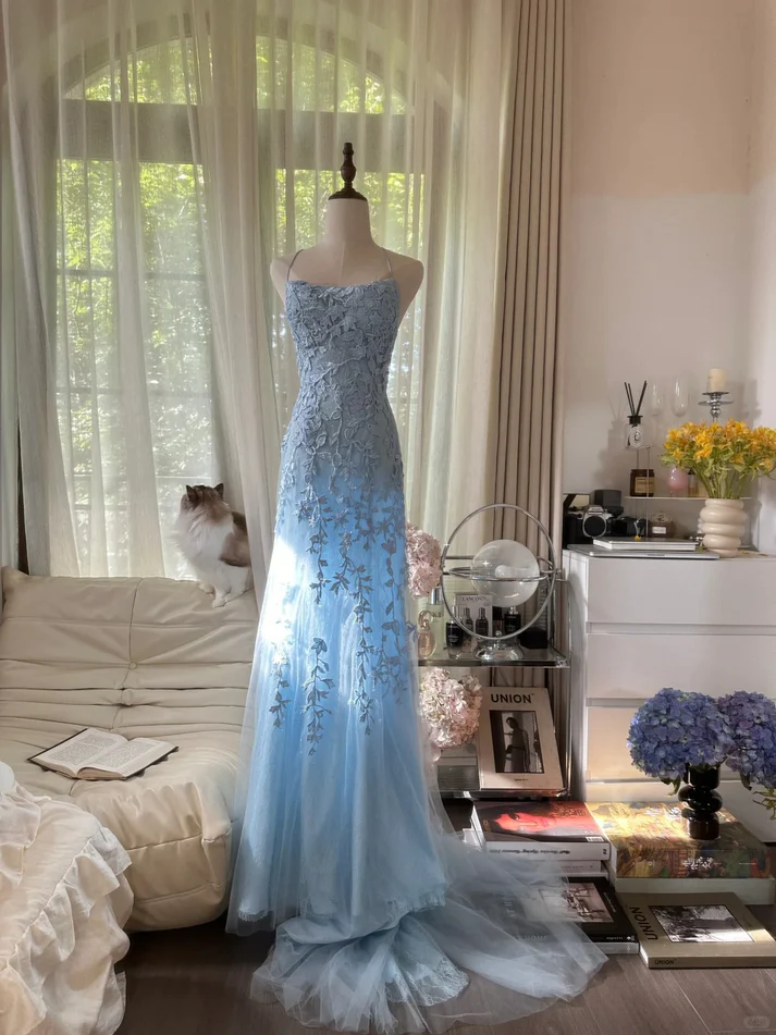 Classy Sky Blue Tulle Appliques Mermaid Long Wedding Guest Dress Evening Dresses