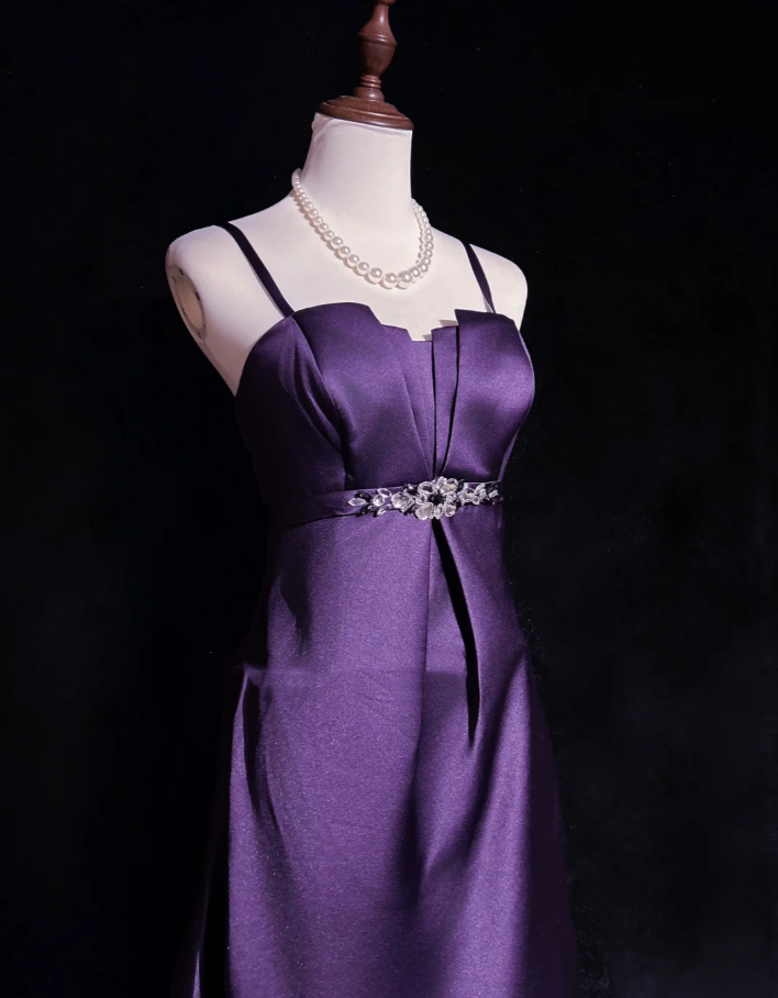 Fashion Spaghetti Straps Purple Satin Beaded A Line Short Birthday Outfits Homecoming Dress