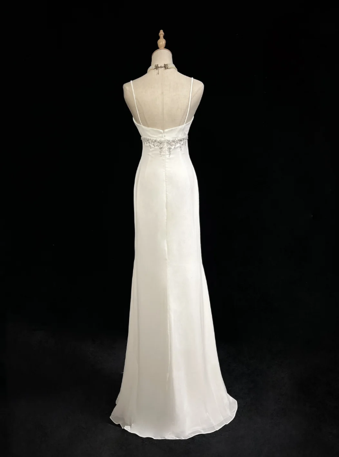 Classy Spaghetti Strap White Tulle Satin Beaded Mermaid Evening Dress Long Wedding Guest Dress