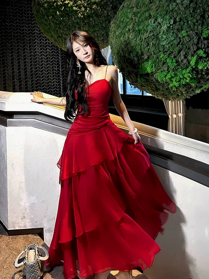 Beautiful Red Chiffon Layered Evening Dress Spaghetti Straps Prom Party Dress