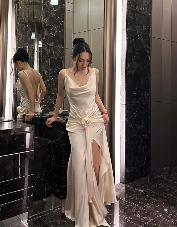 Classy White Satin Pleated Mermaid Wedding Dress,Backless Slit Party Evening Dress
