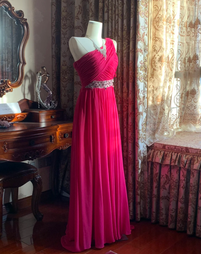 Pretty Rose Red One Shoulder Chiffon Pleated Beaded Evening Dress Long Wedding Guest Dress