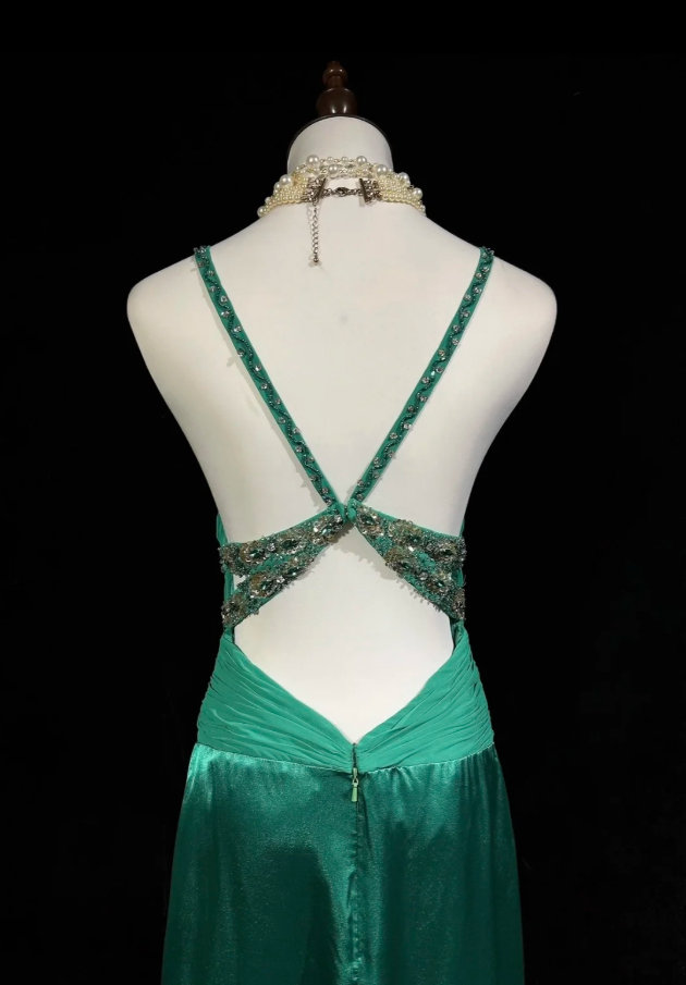Elegant V Neck Green Satin Beaded Mermaid Long Wedding Guest Dress Formal Birthday Party Dress