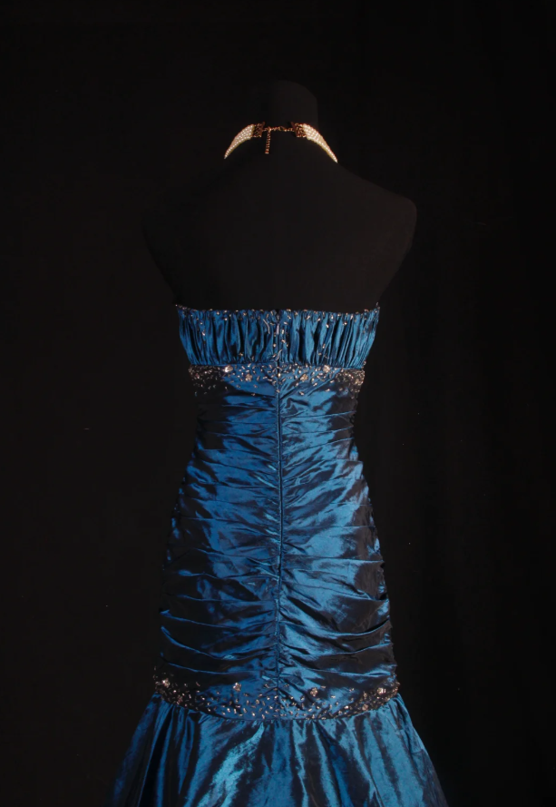 Gorgeous Strapless Satin Pleated Layered Beaded Evening Dress Navy BLue Mermaid Long Party Dress