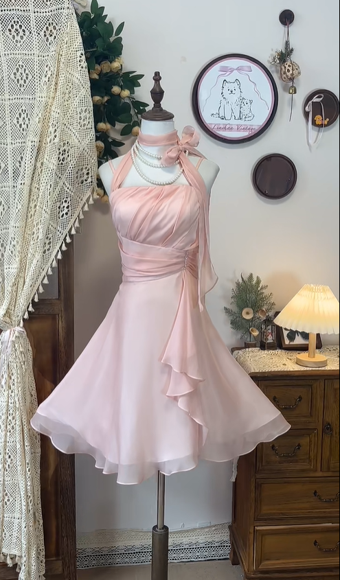 Classy Pink Halter Chiffon A Line Homecoming Dress Short Birthday Dress