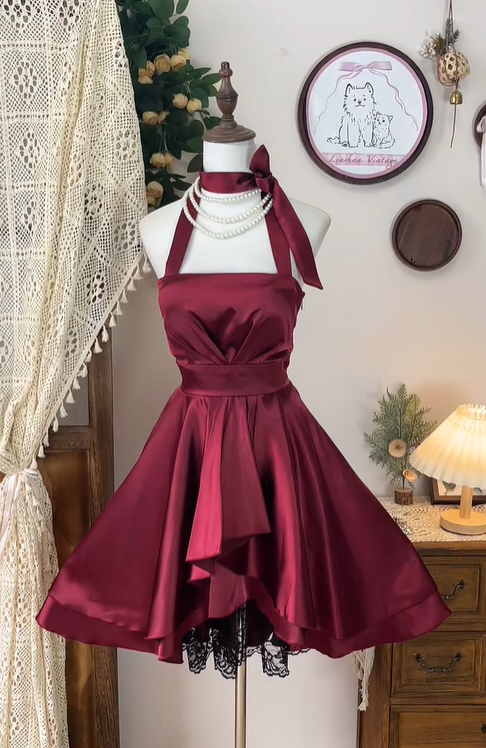 Vintage Burgundy Satin Lace A Line Homecoming Dress Halter Cocktail Dress
