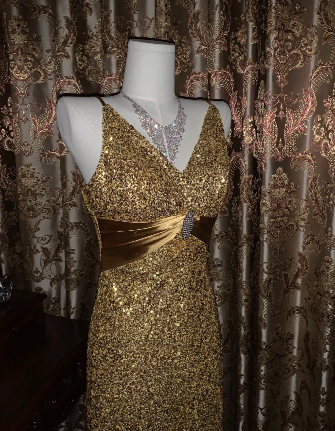 Glitter V Neck Sequin Beaded Gold Mermaid Party Dress Long Evening Dress