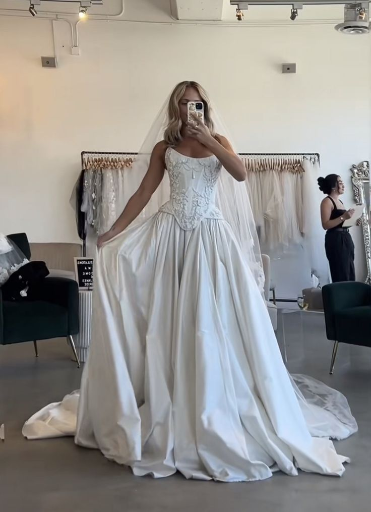 Charming Beaded Satin A Line Slit Prom Dress White Wedding Dress
