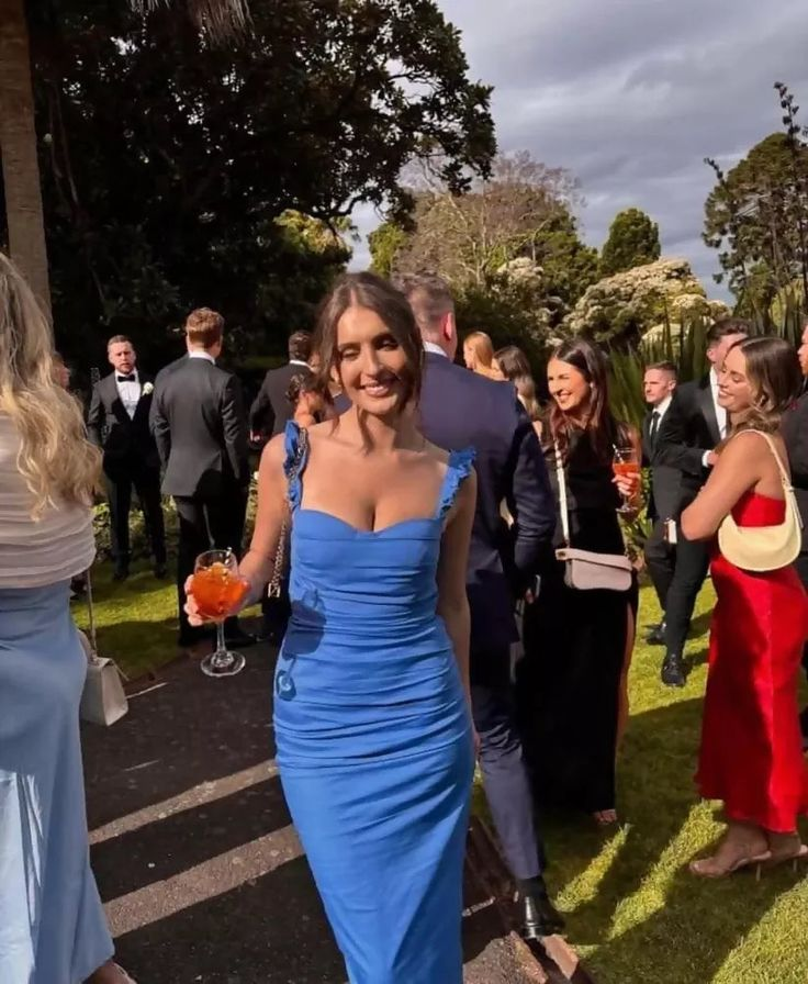 Elegant Blue Sheath Pleated Prom Dress Long Party Evening Dress