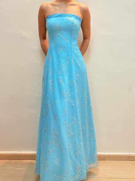 Chic Strapless Blue A Line Tulle Sequins Party Dress,Formal Prom Evening Dress