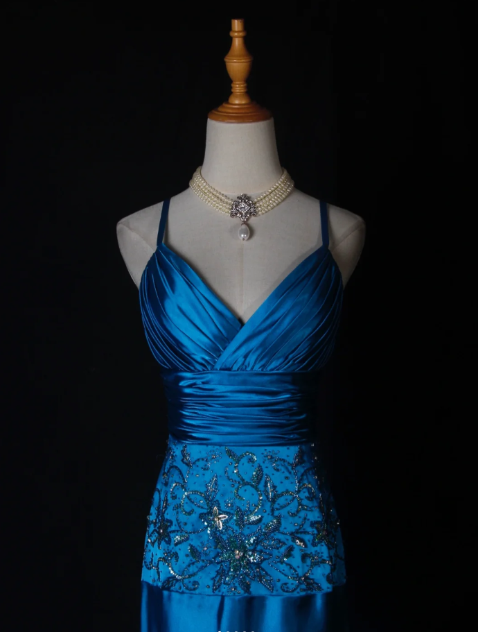 Stylish Spaghetti Straps Blue V Neck Satin Beaded Mermaid Long Evening Dress Birthday Dress