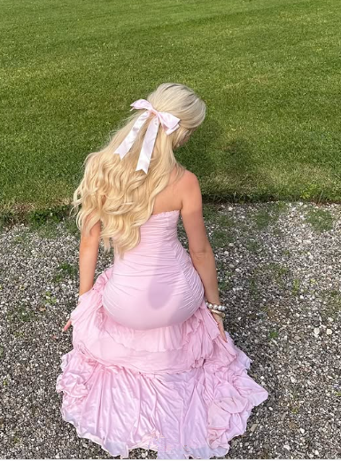 Sweet Pink Chiffon Strapless Evening Dress Multi-Layered Slit Prom Party Dress