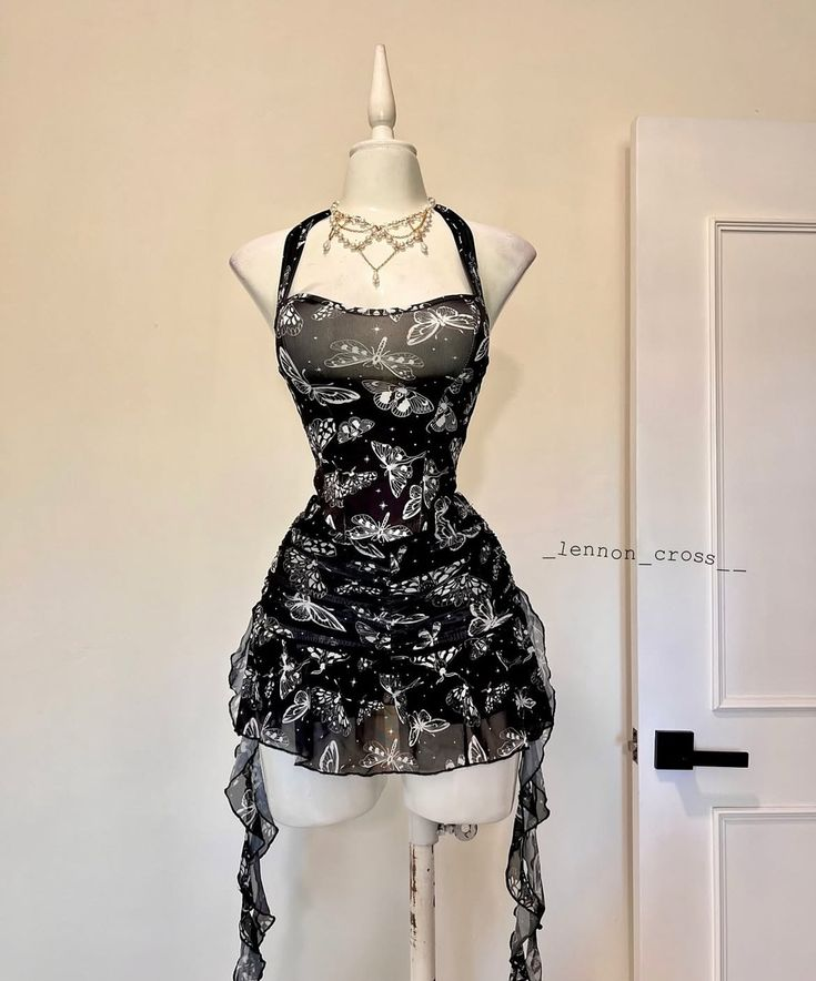 Sexy Black Halter Chiffon Sheath Butterfly Cocktail Dress Mini Birthday Dress