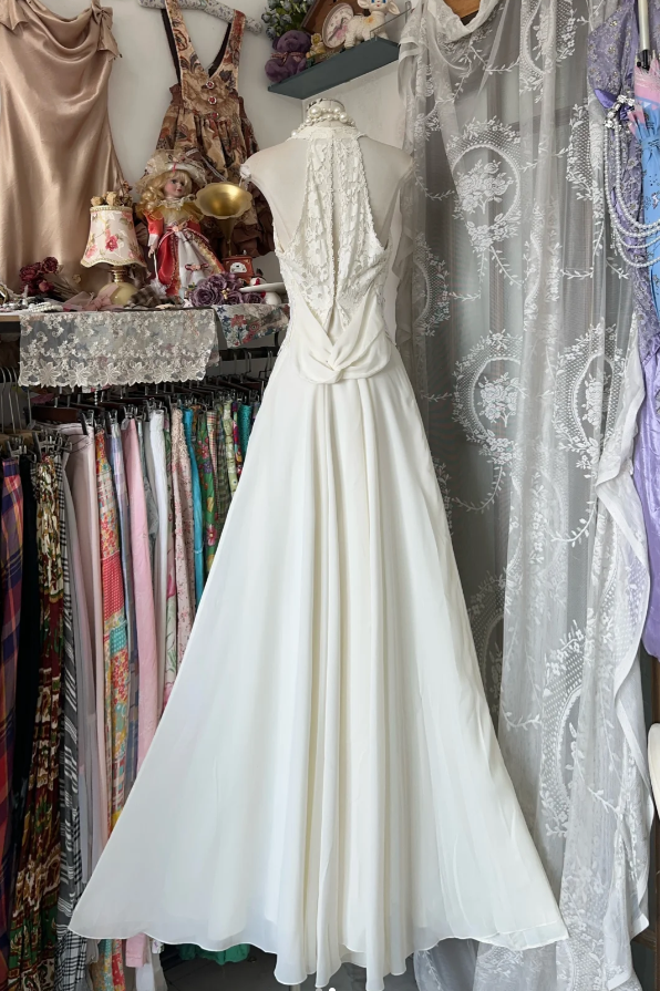 Elegant Halter V Neck Lace Chiffon Mermaid Evening Dress White Long Party Dress
