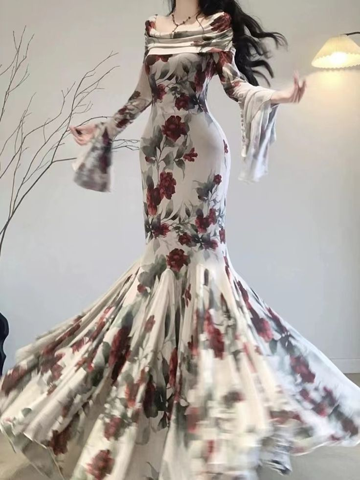 Vintage Mermaid Print Floarl Evening Dress Formal Prom Dress