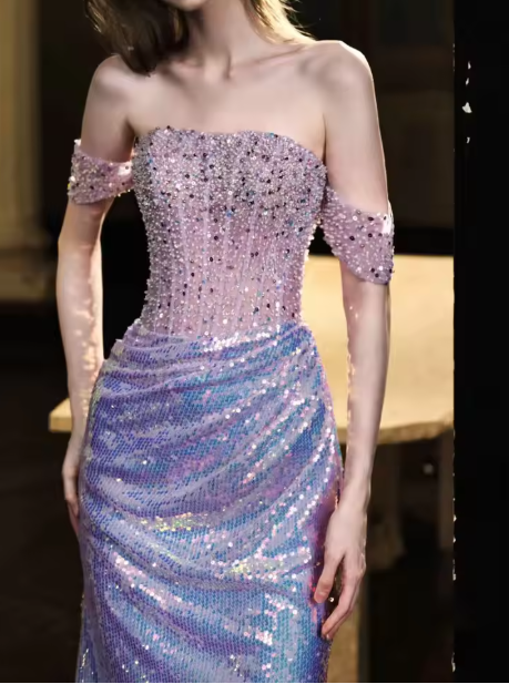 Glitter Sequins Beaded Mermaid Evening Dress,Lilac Off Shoulder Party Prom Dress