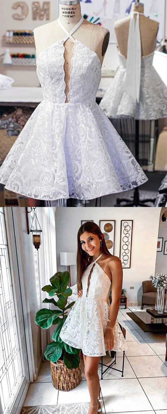 A-Line Halter Keyhole Backless White Homecoming Dress With Lace