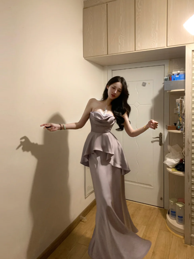 Stylish Strapless Purple Satin Mermaid Long Party Dress Formal Wedding Guest Dress