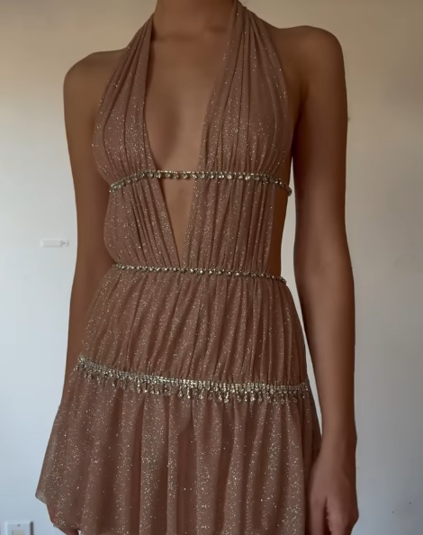 Shiny Halter Deep V Tulle Beaded Short 7th Grade Homecoming Dress Sexy Cocktail Dress