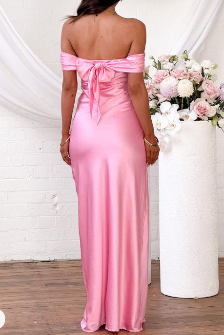 Chic Pink Off The Shoulder Satin Sheath Evening Dress,Long Prom Dress