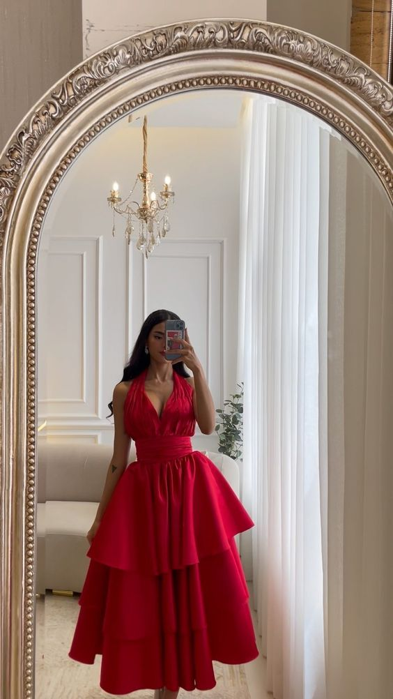 Red Prom Dresses Saudi Arabia Dubai Evening Dress V-Neck Tiered A-Line Sleeveless Floor-Length