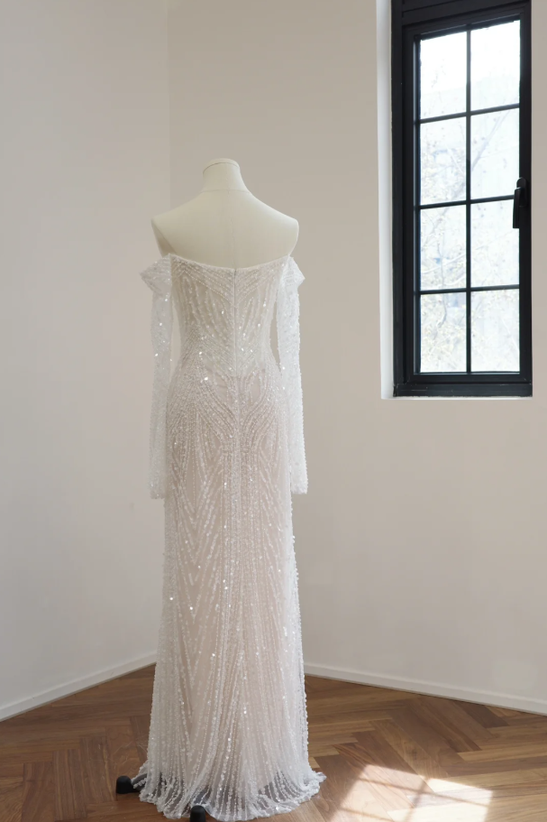 Shiny White Off The Shoulder Sequin Beaded Mermaid Long Party Dress Birthday Prom Dresses