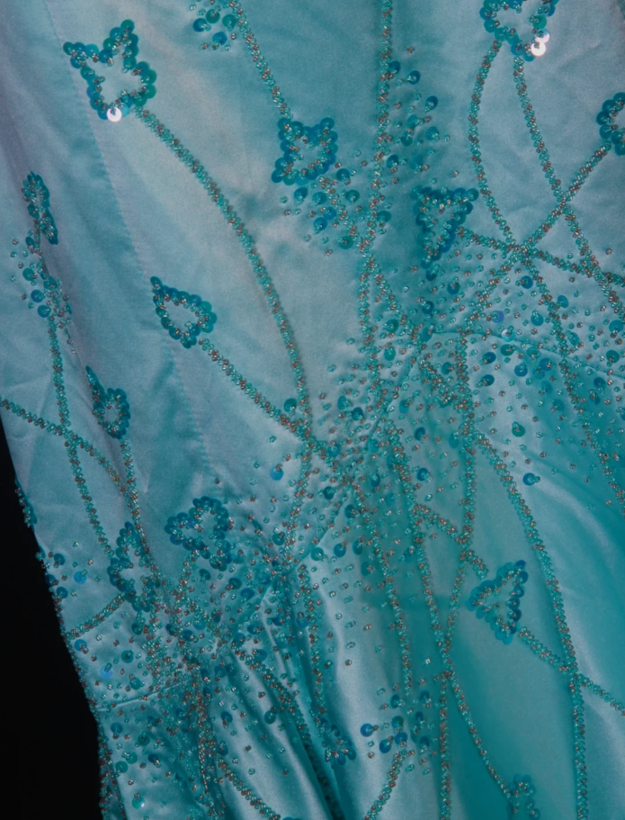 Gorgeous Blue Spaghetti Straps Satin Beaded Mermaid Long Birthday Prom Dress Party Dress