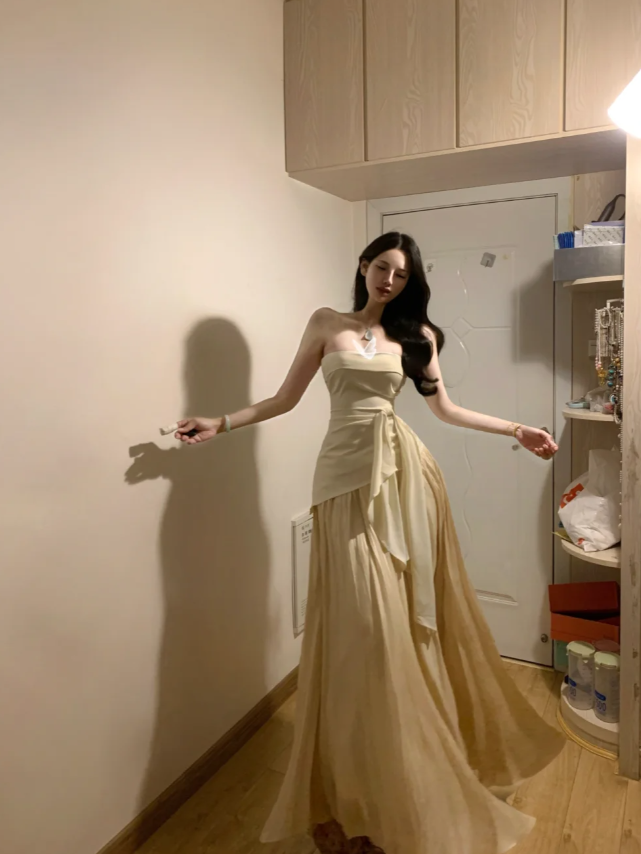 Sexy Strapless Apricot Satin Mermaid Long Prom Gown Formal Birthday Party Dress