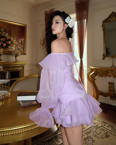 Pretty Off The Shoulder Ruffle Short Prom Dress Lavender Formal Birthday Outfits Homecoming Dress