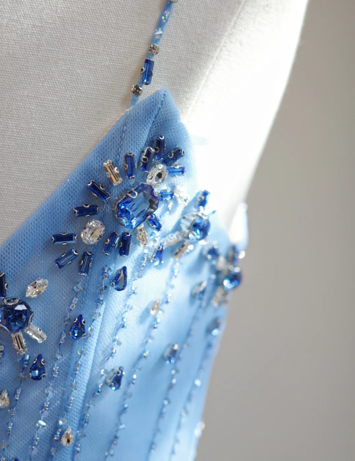 Fairy Spaghetti Straps Blue Satin Beaded Feathers A Line Birthday Prom Dress Party Dress
