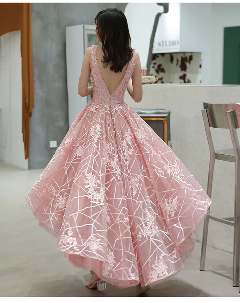 Pink V-Neckline Tulle Lace High Low Party Dress, Pink Formal Dress Homecoming Dress