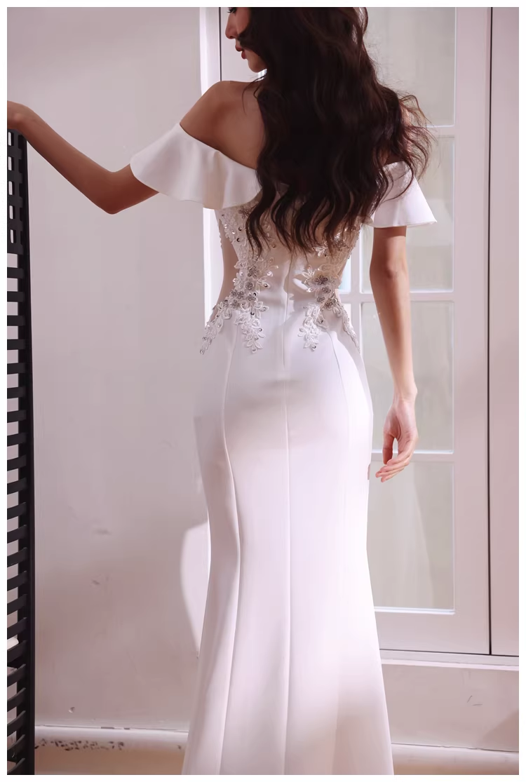 Elegant Off The Shoulder White Satin Appliques Mermaid Evening Dress Long Wedding Guest Dress