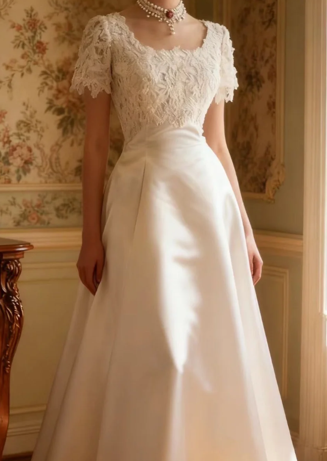 Classy Lace Appliques Satin A Line White Long Wedding Dress Bridal Dress