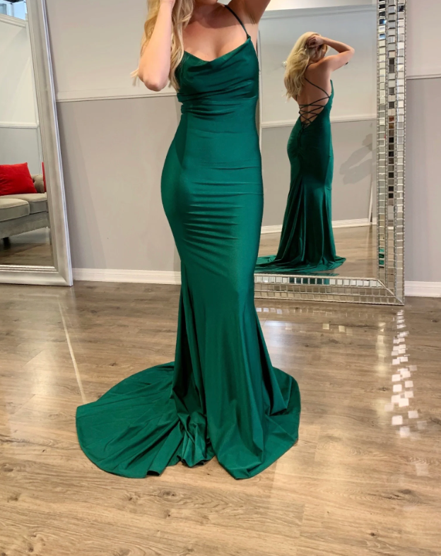 Sexy Spaghetti Strap V-neck Sleeveless Mermaid Satin Long Prom Dresses With Trailing For Party