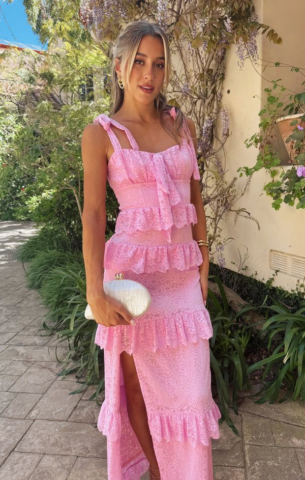 Lovely Pink Lace Tiered Side Slit Long Party Dress Formal Prom Evening Gown