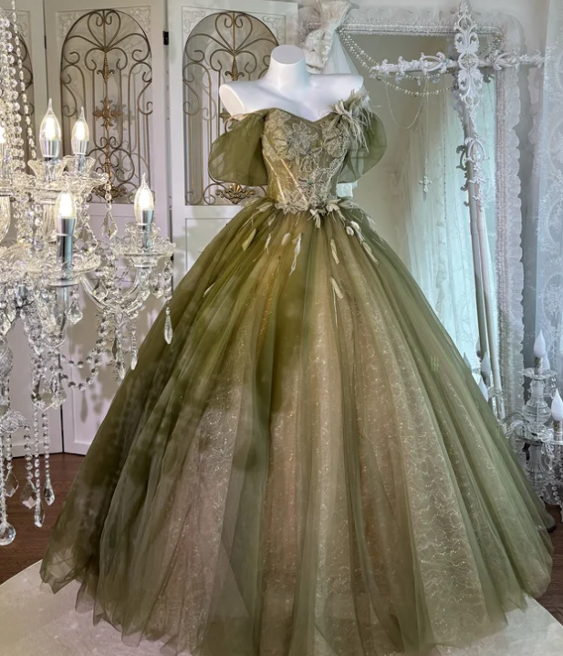 Off The Shoulder A Line Green Tulle Prom Party Dress Evening Dress Birthday Dress