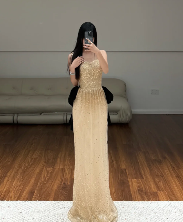 Gold Sequin Prom Party Dress Birthday Outfit Shiny Evening Dress