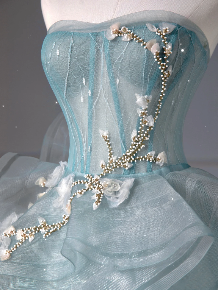 Pretty Ball Gown Sweetheart Tulle Green Long Evening Dress Prom Dresses With Ruffles