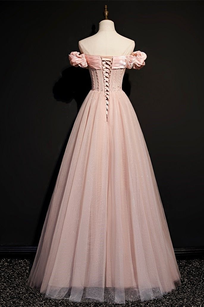 Lovely Pink Off The Shoulder Tulle Beading Prom Dress A Line Party Evening Dress