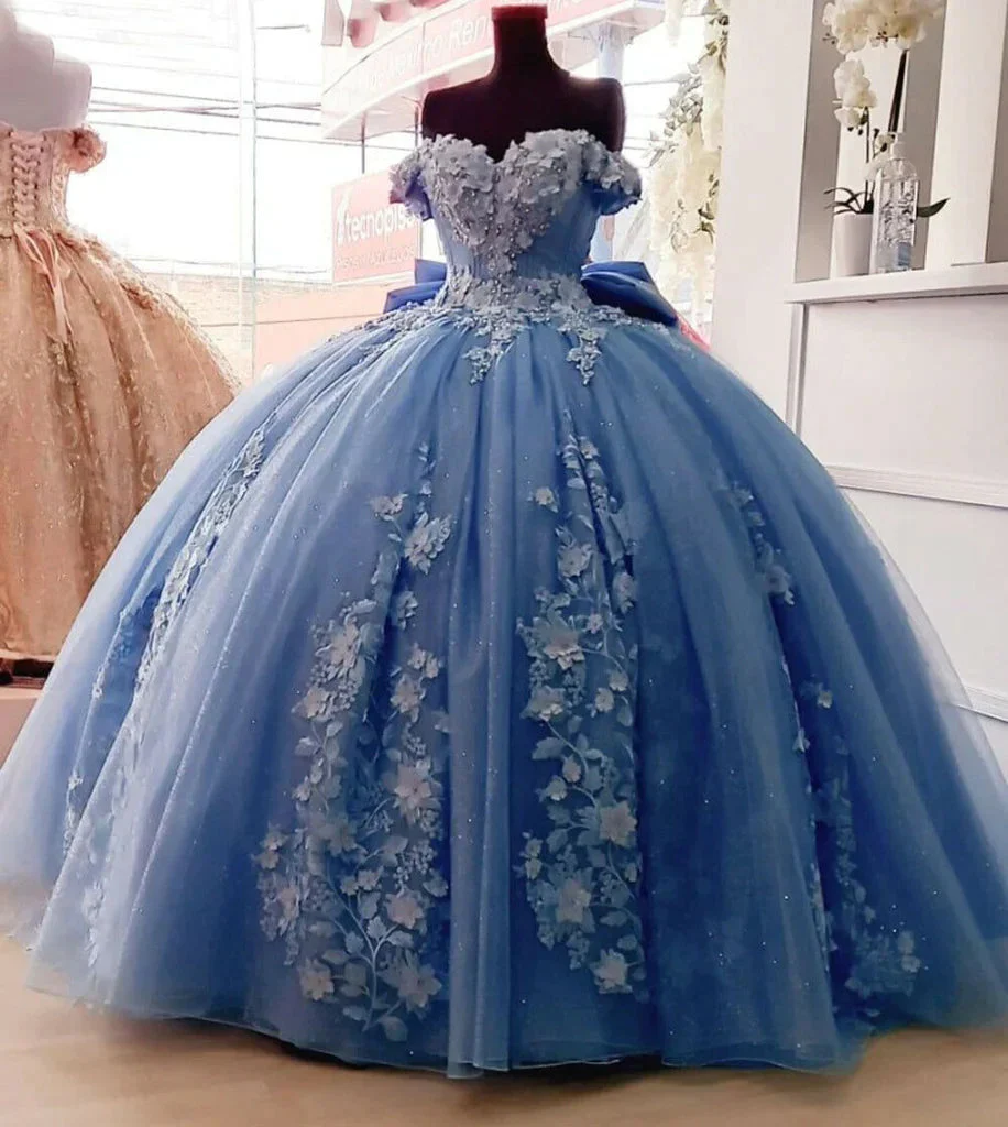 Blue Tulle Floral Flower Lace Appliques Off Shoulder Ball Gown Quinceanera Dress With Bow